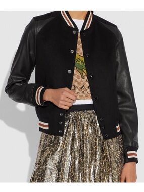Coach Black Varsity Jacket with Striped Trim